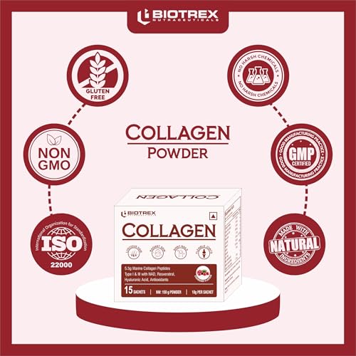 Image of Biotrex Nutraceuticals Collagen Powder Supplement - 15 Sachets For Men & Women, Marine Collagen Powder Supports Healthy Skin, Luscious Hair, Flexible Joints, Shiny Nails, Cranberry Flavour