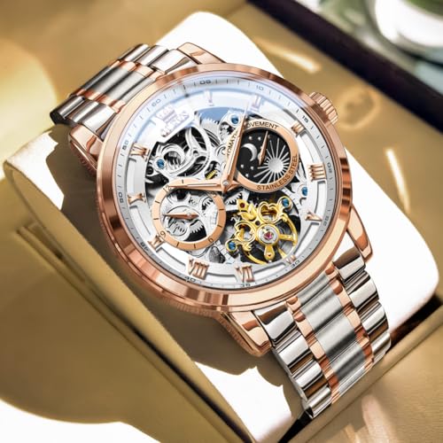 Image of OLEVS Automatic Men Watch Self Winding Mechanical Moon Phase Business Luxury Diamond Dress Stainless Steel Waterproof Luminous Mens Wrist Watch