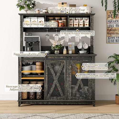Image of 47 inchWide 56 inchH Farmhouse Coffee Bar Cabinet with Power Outlet and LED Light,Wine Bar Cabinet w /3 Storage Hutch,Kitchen Buffet Cabinet with 10 Wine and Glass Racks for Kitchen Dining Room(Dark Oak)