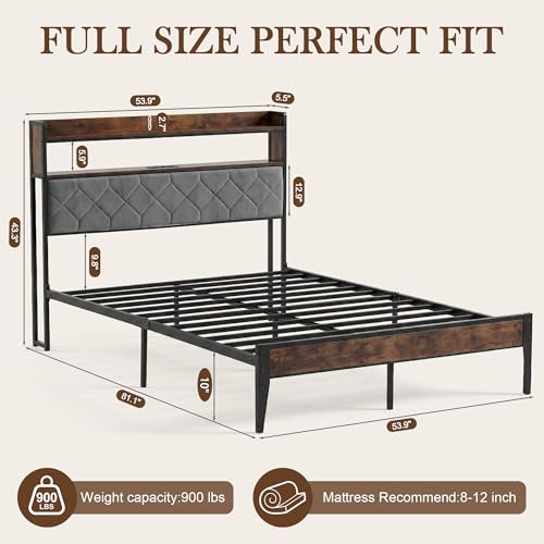 Luviyoo Full Bed Frame with Upholstered Headboard, Modern Metal Platform Bed with 2-Tier Storage Shelves and Charging Station, Heavy Duty Slats Support, No Box Spring Needed, Easy Assembly — view 2