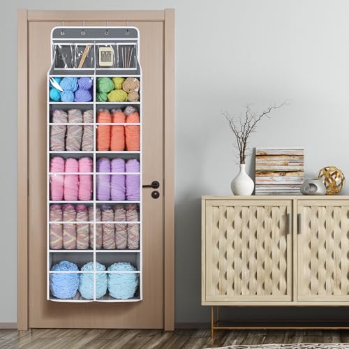 Image of Univivi Hanging Yarn Storage Organizer with Clear 4 Pockets, Extra Large 6 Tiers Crochet Bag Organizer, Over the Door Yarn Storage for Crochet Hook, Knitting Needles (Grey)