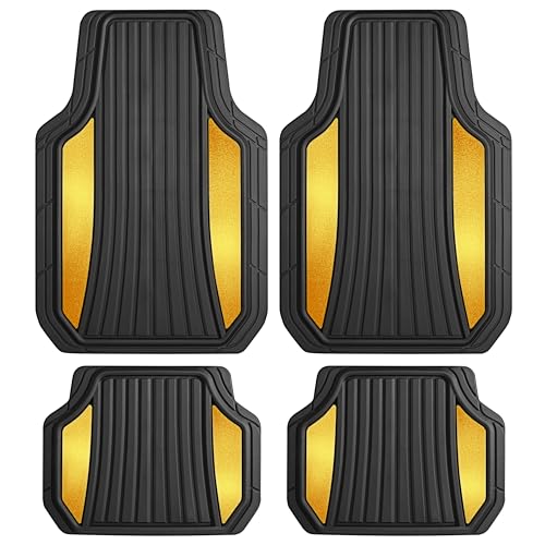 Image of Motor Trend ChromeTech Car Floor Mats Full Set - Durable Rubber Floor Mats for Cars with Two Tone Accent, All Weather Interior Protection for Front and Rear with Non-Slip Backing, Black /Gold