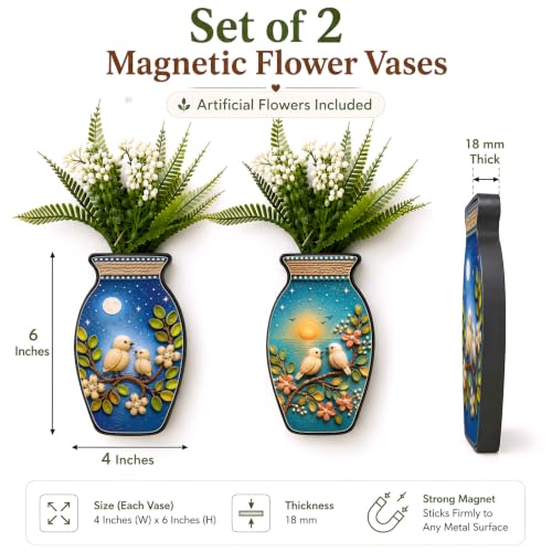 Image of Regalo Casila Magnetic Artificial Flower Vase Fridge Magnets Set of 2 Bird Floral Art Nature Inspired Decorative Refrigerator Kitchen Home Office Decor Housewarming Gift