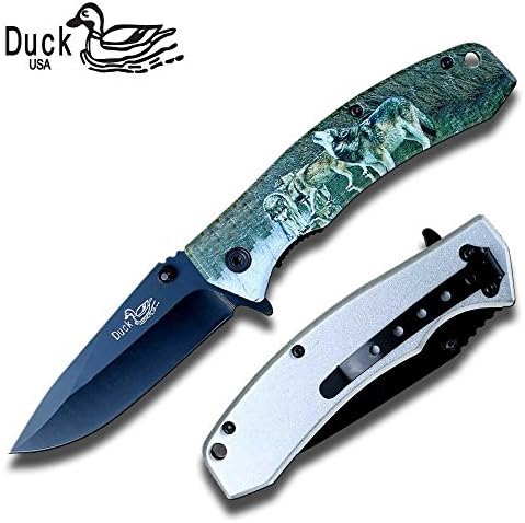 Duck USA 8" Assisted Open Folding Pocket Knife with Wolf Scene Print on Handle