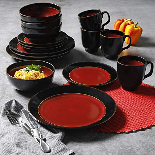 Gibson Elite Bella Galleria Round Reactive Glaze Stoneware Dinnerware Set, Service For 4 (16Pcs), Red/Black #TOP3