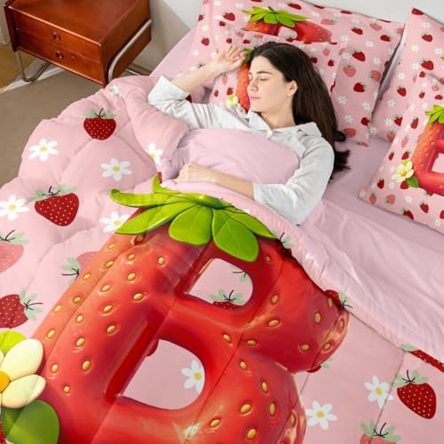 Image of Feelyou Cute Girls Strawberry Queen Comforter Set with Sheets for Kids Boys Girls Pink Red Princess Strawberry 7 Pieces Bedding Set Initial Letter B Bed in a Bag Room Decor Soft Lightweight Microfiber