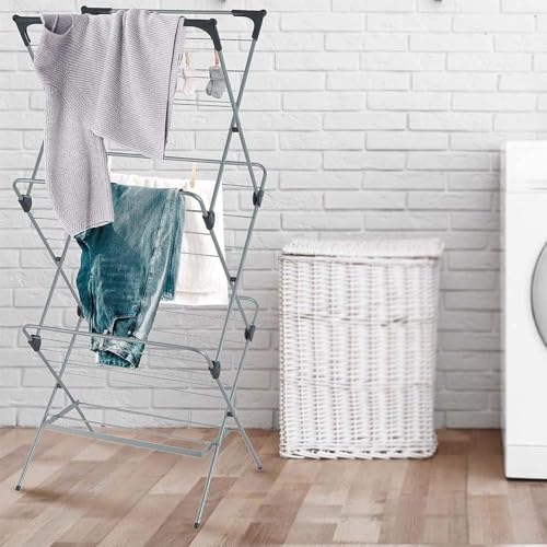 1ABOVE Premium Quality, Alloy Steel 3 Tier Clothes Airer Dryer Laundry Drying Washing Line Horse Indoor Outdoor Towel Rack-15m Drying Space- Non-Slip Feet and Corner spaces for Hangers- Black & Grey - Image 7