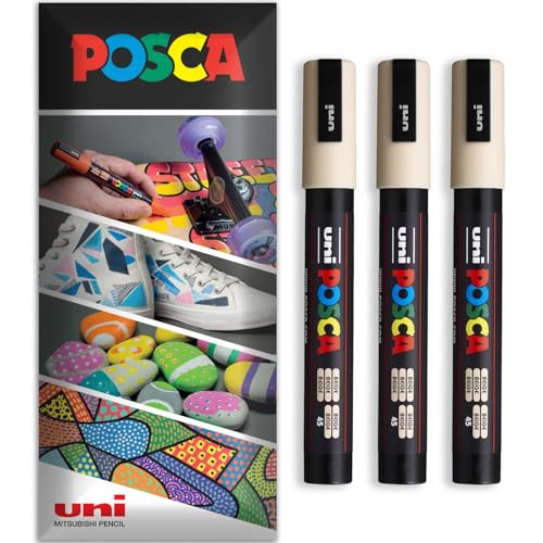 Posca - Rotulador permanente a base de agua, multiuso en superficies, PC-5M, paquete de 3 bolígrafos en cartera (beige)
