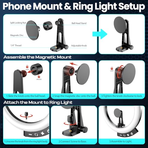 Image of UBeesize 12'' LED Ring Light with 62'' Tripod Stand and Magnetic Phone Holder, Selfie Ring Light for Video Recording, Live Streaming, Compatible with iPhone & Android (Black)