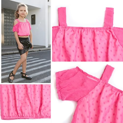 Image of Perfashion Girls Puff Short Sleeve Corp Tops Cold Shoulder Shirts swiss dot chiffon blouse for 4-13 Years