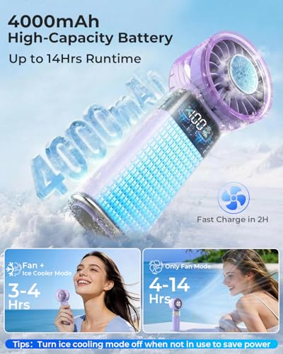 Image of ARCTlCOOL Portable Mini Fan with Ice Touch Tech, 7500 RPM Handheld Fan with Buckle, 4000mAh Battery, 100 Speeds Foldable Fan with Smart Digital Display for Makeup, Travel & Outdoor (Purple)