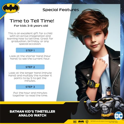 DC Comics Batman Watch for Kids Ages 4–7 – Featuring Luminous Character Dial, Easy-Read Hour & Minute Hands – Batman and Robin Toys – Watches for Toddlers – Black Bezel, Luminous Yellow Silicone Strap by WARNER BROS - Image 3