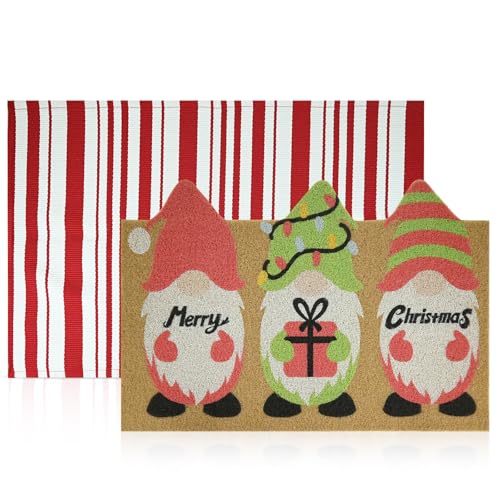 Whemyreat 2 Pcs Christmas Welcome Doormat, Christmas Gnome Coconut Palm Mat, 2-in-1Red Stripes Artificial Coconut Palm Mat, Washable Non Slip Heavy Duty Mats for Kitchen Entry Rug Indoor Outdoor Decor