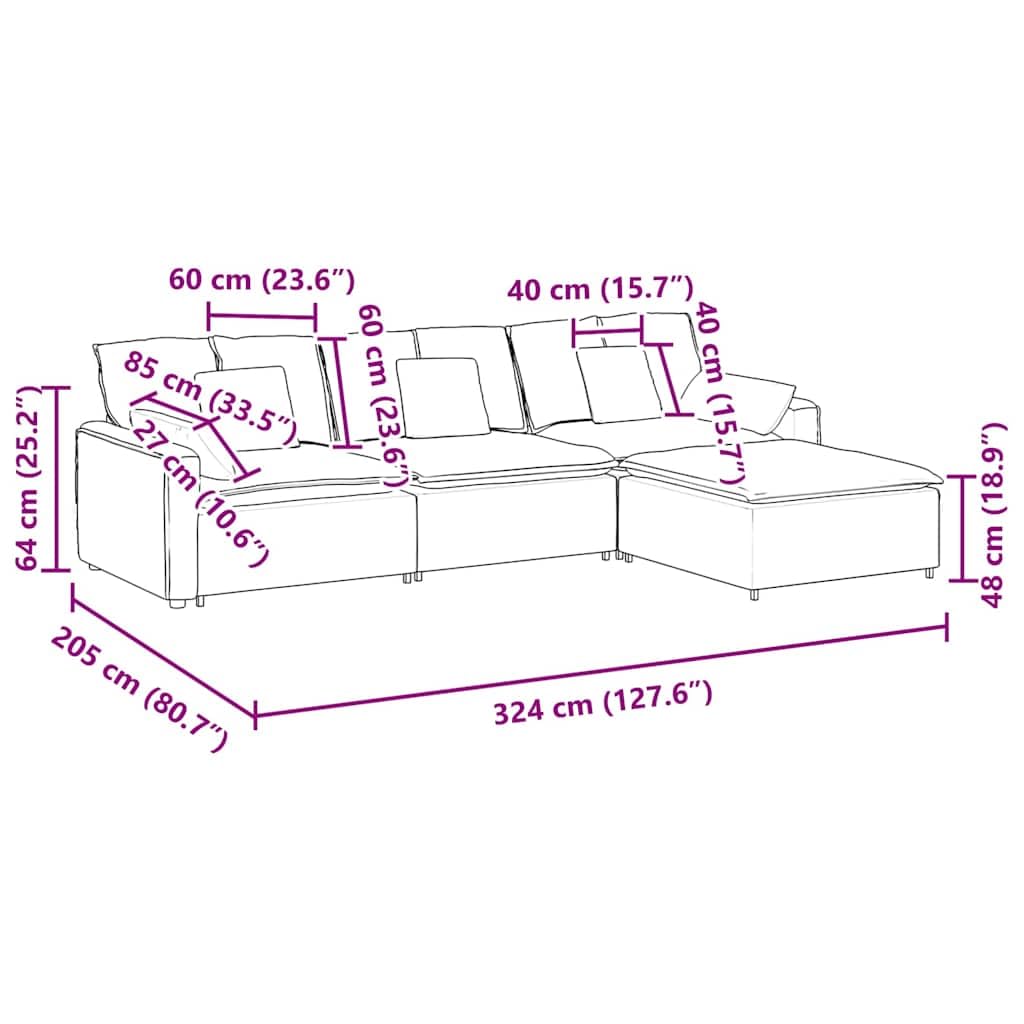 Sofá modular con reposapiés y cojín, color gris oscuro, acolchado de tela, 324 x 205 x 64 cm, sofá de 4 piezas con estructura de metal resistente, sofá modular versátil para salón y salón