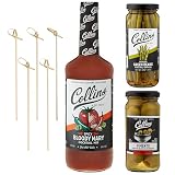 Collins Spicy Bloody Mary Cocktail Kit, Gift Set with Spicy Bloody Mary Mix, Pickled Green Beans, Greek Pimento Olives and Bamboo Picks, Savory Vodka Brunch Set for Home Bar