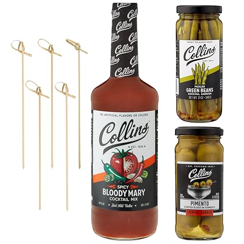 Collins Spicy Bloody Mary Cocktail Kit, Gift Set with Spicy Bloody Mary Mix, Pickled Green Beans, Greek Pimento Olives and Bamboo Picks, Savory Vodka Brunch Set for Home Bar