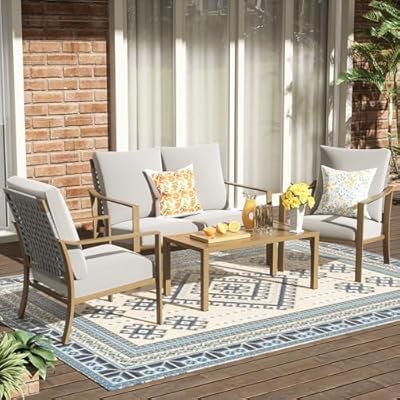 NATURAL EXPRESSIONS 4 Pieces Patio Furniture Sets,Modern Metal Outdoor Conversation Sets with All Weather 2 Hand-Woven Rope Chairs,High Back Loveseat