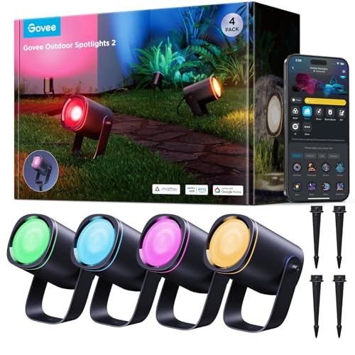 Govee Outdoor Spot Lights 2, IP67 Waterproof Spotlights, Landscape Lights Work with Matter, Alexa, and Google Assistant, RGBWIC Color Changing Light for Outdoor Decor, Patio Decorations, 4 Pack