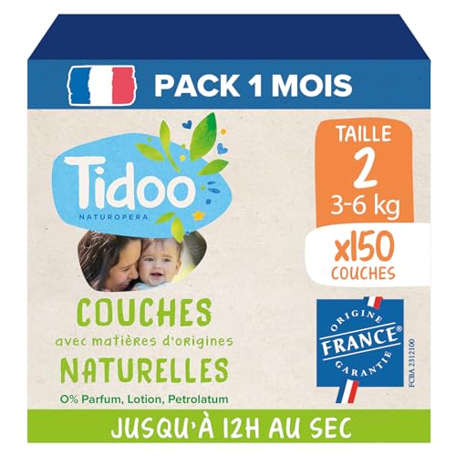 Tidoo – Pañales ecológicos talla 2 (3-6 kg) – Origen natural, libre de sustancias nocivas – 12 horas secas, ultra absorbentes – Fabricado en Francia – 150 capas desechables – Paquete de 1 mes