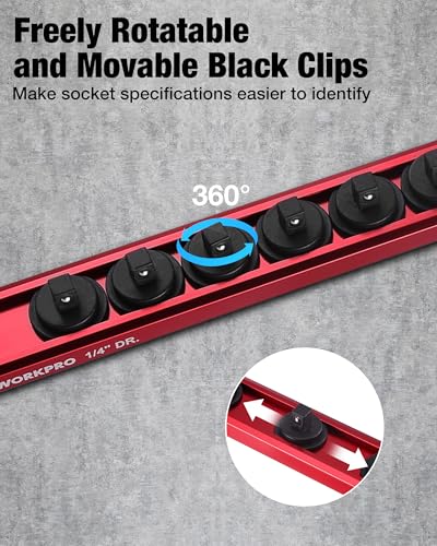 Image of WORKPRO Magnetic Socket Organizer, 1 /4 inch Drive Aluminum Alloy Socket Holder with 12PC Removable Socket Clips for Quick Customization, Socket Rail for Tool Box Drawer (Sockets Not Included)