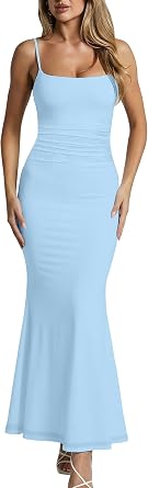 Mokoru Womens Elegant Bodycon Ruched Cocktail Maxi Dress Square Neck Wedding Guest Party Long Dresses