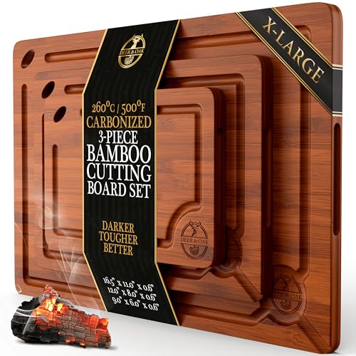 Pre-Oiled, Non Toxic 3-Piece Carbonized Bamboo Cutting Board Set, Eco-Friendly Wooden Chopping...