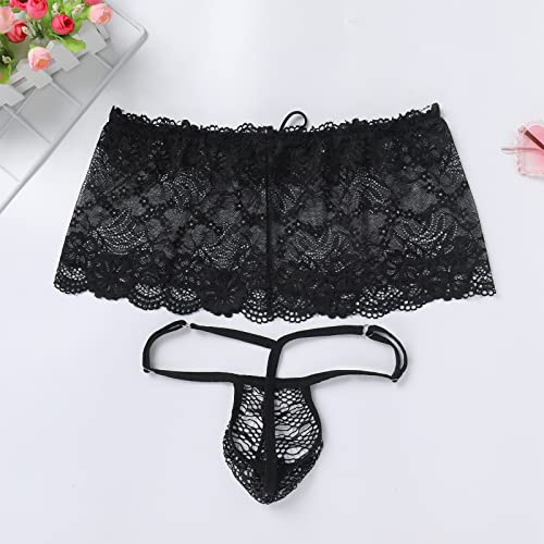 ABAFIP Men's Sissy Lingerie Low Rise Lace Mesh Sheer Mini Skirt + G-string Panties 2Pc Crossdressing Underwear4