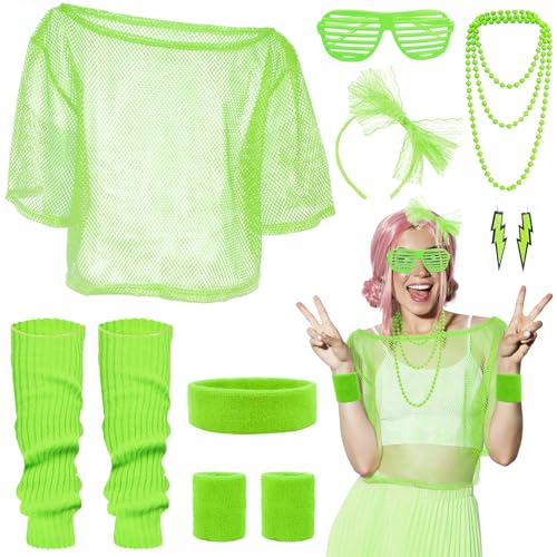 80er 90er Jahre Outfit Damen- Retro Trainingsanzug Kostüm Off Shoulder Neon Netzshirt Sexy Fasching Netzoberteil Party Kleidung Damen T-Shirt Brille...