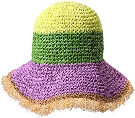 vokone Mardi Gras Sun Hat Womens Straw Bucket Hat Frayed Floppy Beach Hat Summer Mardi Gras Costume Hats Foldable Straw Hats for Women (Purple Green Yellow)