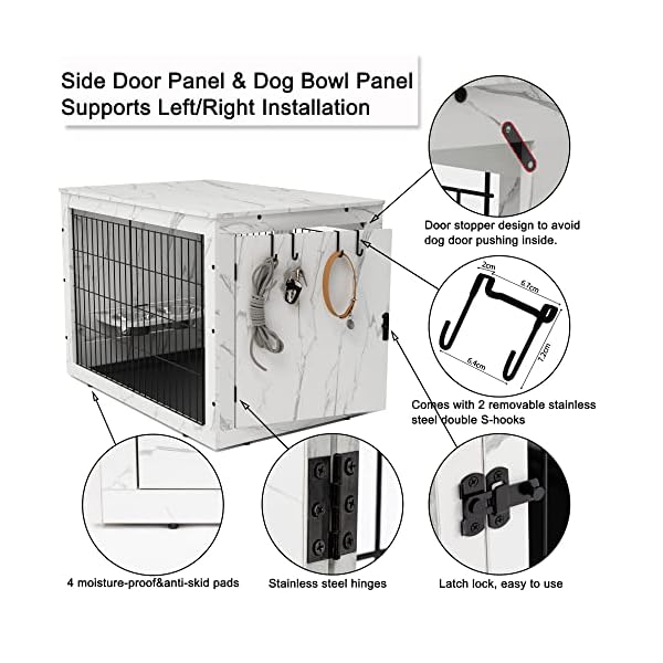 Furniture-Style-Dog-Crate-End-Table-with-Tray-360-Rotatable-Removable-Dog-Bowls-2-Double-S-Hooks-Detachable-Top-Cover-Wooden-Double-Doors-Dog-Crate-for-Medium-Dog-Small-Dog-Kennel-Indoor-White Wooden Double Doors Dog Crate