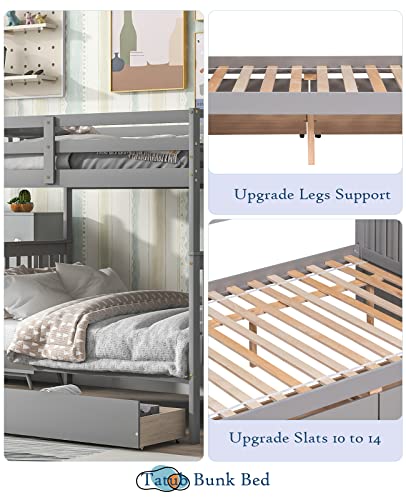 Tatub Full Over Full Bunk Bed With Stairs, Drawers, Wood Bunk Bed Frame And Stairway With Guard Rails For Kids, Teens, Boys And Girls, Bedroom, Dorm, No Box Spring Needed, Grey #TOP6
