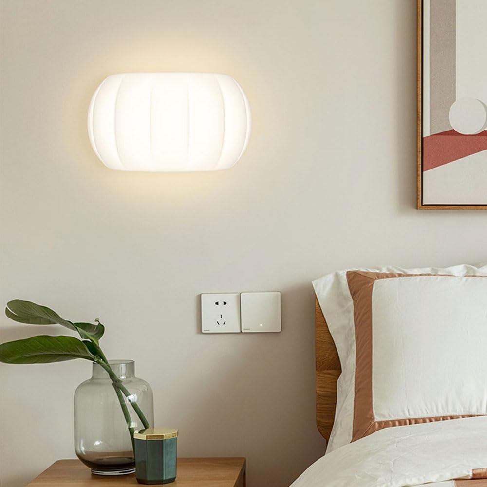 Nordic Pumpkin Wall Sconces Modern Milky White Moon Wall Light Minimalist 12W Boys Girls Room Wall Light Fixture for Bedroom Bathroom Bedside Cream Wall Mounted Lamp for Children Room