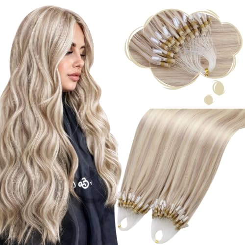 Moresoo Micro Loop Hair Extensions Real Human Hair, Ash Blonde Pink,16 Inch