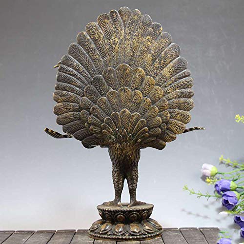 稀少アジアンアンティーク時代彩色孔雀他図柄古銅真鍮製杯台100年