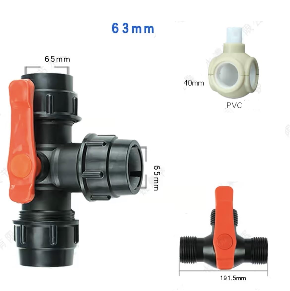 Separador de agua de conmutación Diámetro interno 20/25/32/40/50/63 mm Conector de válvula tipo T, interruptor de válvula de plástico de conexión rápida de tres vías(63mm)