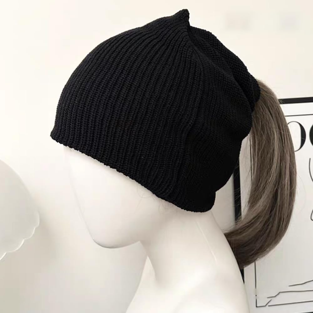 OULIGET Ponytail Knit Beanies Hat for Women,Magnetic Open High Pony Tail Womens Winter Hat,Stretch Fit Fashion Stocking Cap