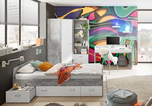 Jugendzimmer Matino Beton hell und Weiß 4-teiliges Komplett Set