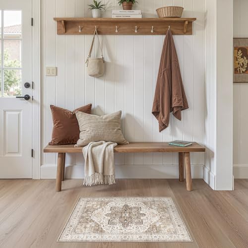 Tortania Area Rug 2x3 Doormat - Washable Vintage Oriental Farmhouse Soft Thin Indoor Carpet for Living Room Bedroom Hallway Entryway Kitchen - Brown