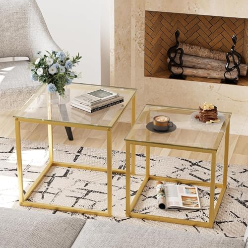 Huhote Quadratisch Couchtisch 2er Set, Moderne Wohnzimmertisch, Couchtisch Aus Glas, Wohnzimmertisch Klein, Beistelltisch, Sofatisch, Coffee Table für Wohnzimmer, Schlafzimmer, Büro, 50/45 cm, Gold – Bild 3