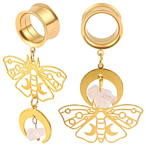 Vankula 2Pcs Butterfly Natural Stone Hypoallergenic Stainless Steel 0G 2G Plugs Ear Gauges Tunnels Piercing Expander Stretchers Fashion Body Jewelry #TOP13