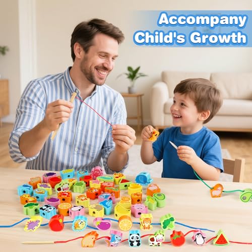 Jojoin Fädelspiel Montessori Spielzeug - Fädelspiel Angelspiel Spiele ab 3 Jahre - 54 Stück Holzspielzeug Magnetisches Angelspiel - Geschenk Mädchen Junge