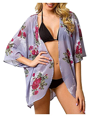 Jsmhh Womens Floral Kimono Cardigans Beach Cover Up Loose, Bikini Tops and Blouses Casual Chiffon Long Cardigans for Women (Color : Light Purple+Flower, Size : XXL)