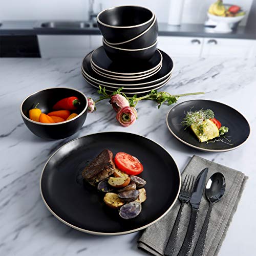 Gibson Home Rockaway Round Stoneware Dinnerware Sets, Service For 4 (12Pcs), Black #TOP4