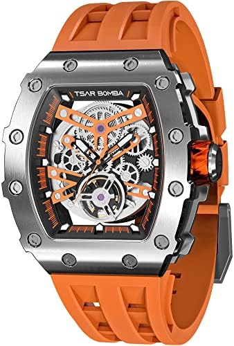 TSAR BOMBA Automatic Tonneau Carbon Fiber Bezel Luxury Mens Watches 50M Waterproof Skeleton Mechanical Stylish Watch for Men Simple Men’s Silver Wrist Watch Cool Unique Watch with Silicone Strap