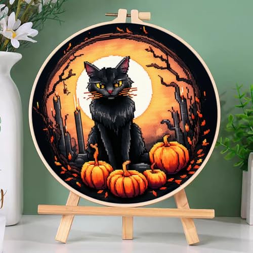 DIY Cross Stitch Kits Black Cat Halloween Easy for Beginners with Hoop 11CT Needlepoint Embroidery Counted Stamped Cross Stitch Set Craft Wall Decor 20x20cm(2)