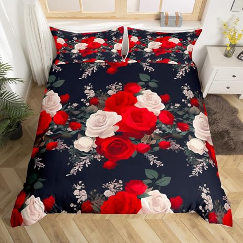 Erosebridal Red Rose Comforter Cover Romantic Flowers Bedding Set for Child Teens Men,Luxury Grey Floral Branch Duvet Cover Twin Size Black White Red Rose Bedroom Decor,Wedding Gifts for Couple