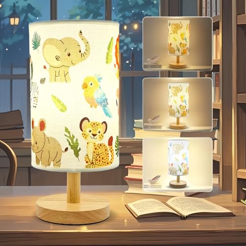 Kids Table Lamp-Night Light for Boys Room,3-Color LED Desk Lamp with Baby Elephant Zebra Giraffe Tiger Pattern Bedside Lamp Safari Animal Lampshade...