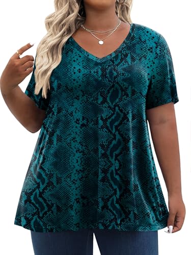 Tencede Womens Plus Size Tops Short Sleeve Tunic Shirts V Neck Summer Floral Loose Fit Blouse Green Snake Skin 4X
