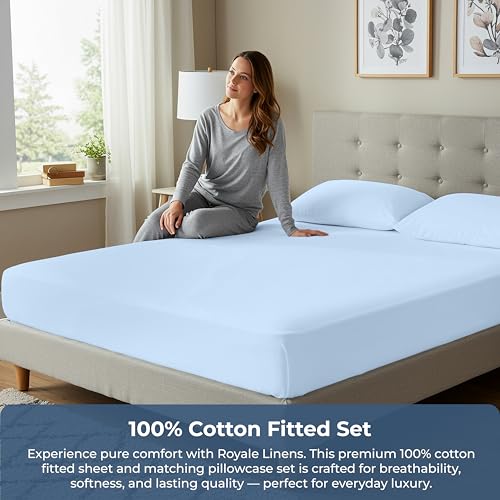 Image of Royale Linens Fitted Sheet With Pillowcases - King Fitted Sheets With 2 Pillowcases - 300 Thread Count 100% Organic Cotton - Fit Mattress Up to 18 inch Deep - Soft & Breathable - Lake Blue (No Flat Sheet)