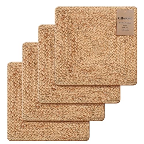 CottonCove Jute Braided Placemats Set of 4-100% Jute Nonslip 35x35 cm Square (14x14 inch) Farmhouse Vintage Placemats for Dining Table - Perfect for Indoor Outdoor Natural Placemat